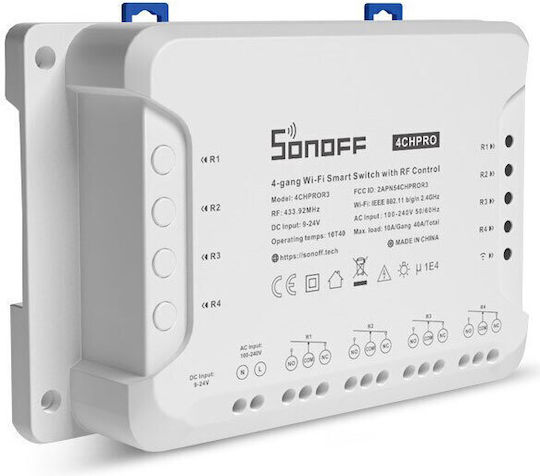 Sonoff 4ch Pro R3 Smart Switch 4 Καναλιών Wi-Fi & RF 40A με Τηλεχειριστήριο