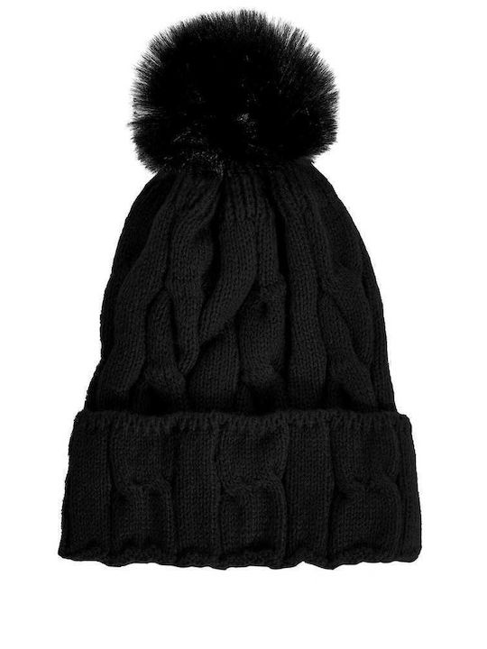Pom Pom Beanie Unisex Beanie with Knit in Black color