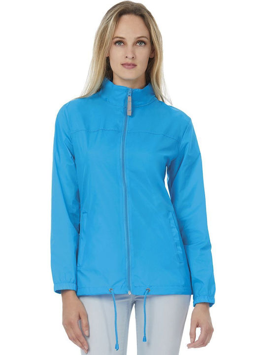 B&C Women's Short Puffer Jacket Waterproof and Windproof for Spring or Autumn with Hood Light Blue