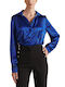 Fibes Women's Satin Long Sleeve Shirt Blue