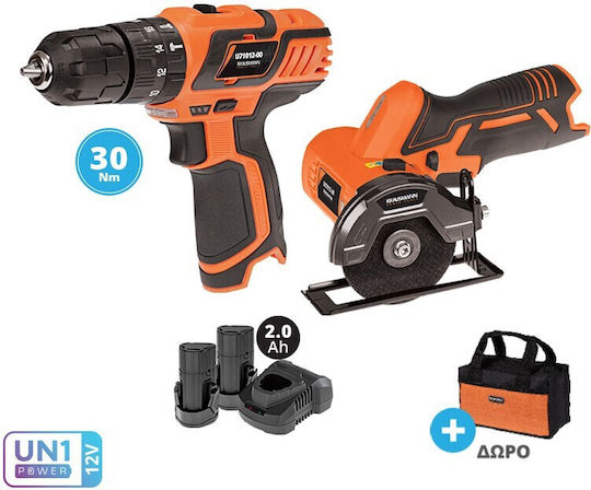 Krausmann US120-22S Set Eckiges Rad & Bohrschrauber 12V mit 2 Batterien 2Ah und Hülle