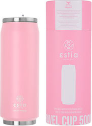 Estia Travel Cup Save The Aegean Recyclable Glass Thermos Stainless Steel BPA Free Blossom Rose 500ml with Straw