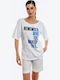 Women's Blouse Cotton Short Sleeve Blue