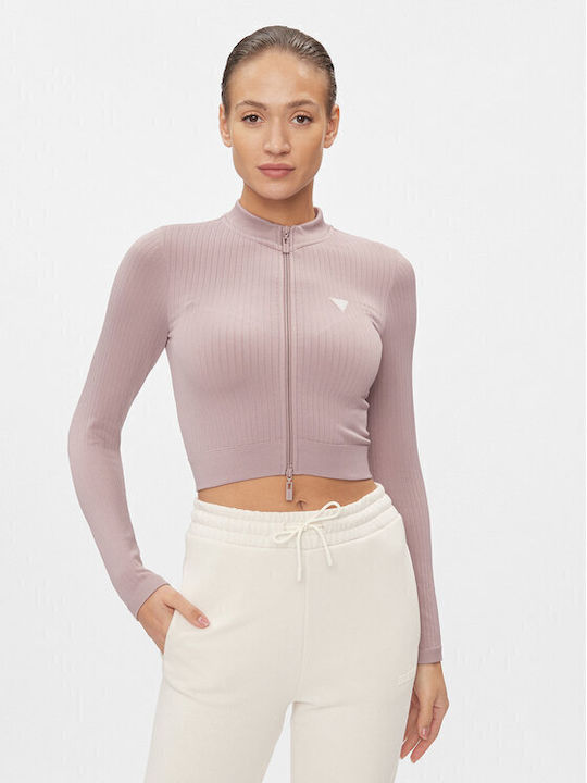 Guess Damen Sportliches Crop Top Langärmelig Beige