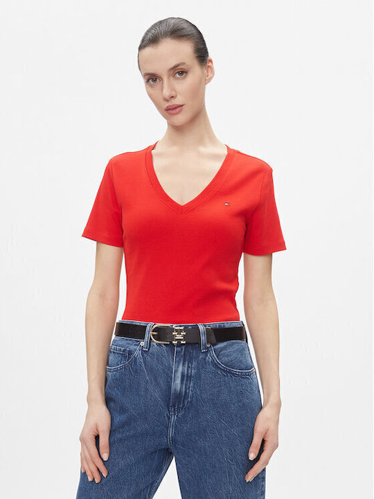 Tommy Hilfiger Damen T-Shirt mit V-Ausschnitt Red
