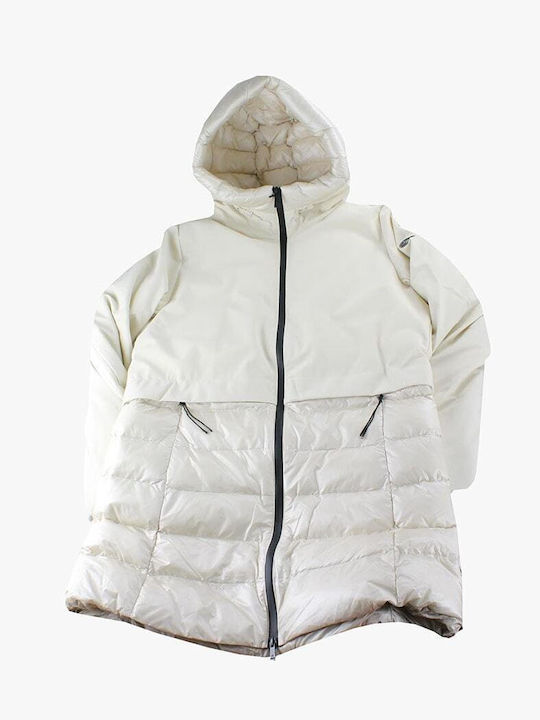 U.S. Polo Assn. Women's Short Puffer Jacket for Winter with Hood Beige