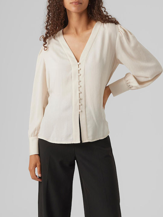 Vero Moda Women's Blouse Long Sleeve with V Neck Pumice Stone Ecru