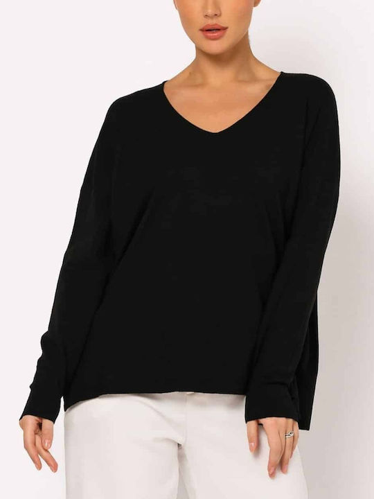 Women's Long Sleeve Sweater with V Neckline Black
