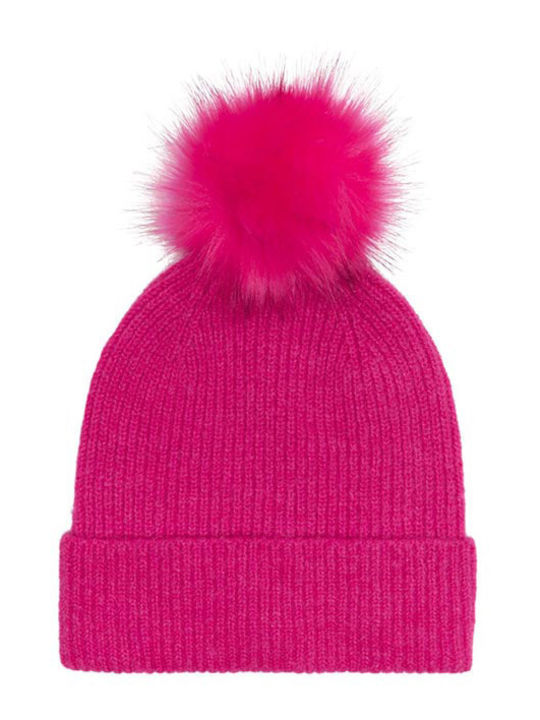 Pom Pom Beanie Unisex Beanie Knitted in Fuchsia color