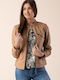 Women's Short Lifestyle Leather Jacket for Winter Beige