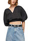 Pepe Jeans Women's Summer Blouse Linen with 3/4 Sleeve & V Neckline Black