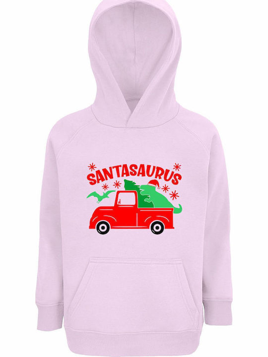 Kids Sweatshirt with Hood and Pockets Creamy Pink SantaSaurus Truck Christmas