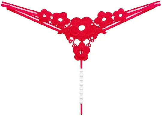 Blumige Damen Sexy Zeichenfolge mit Spitze & Perlen Rot