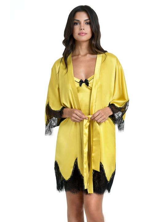 Miss Rosy Women's Winter Satin Pajama Robe Gold