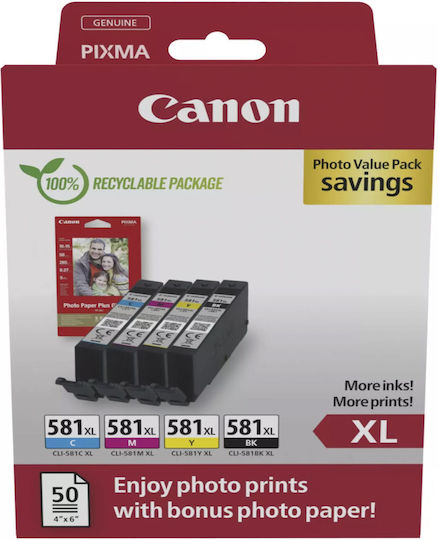 Canon CLI-581XL Original Photo Value Pack with 4 InkJet Printer Inks Yellow / Cyan / Magenta / Black (2052C006)