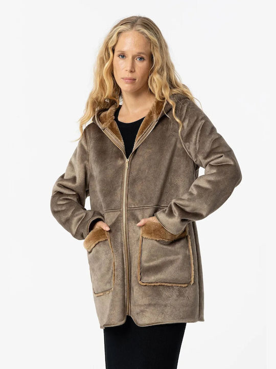 Tiffosi Women's Short Puffer Mouton Jacket for Winter with Hood Coffee.