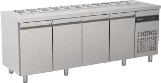 Inomak Edelstahl Kühltisch Salat mit 4 Türen und Kühlaggregat L224.2xB70xH87cm