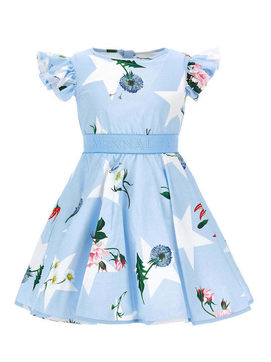 Monnalisa Kids Dress Tulle Floral Short Sleeve Light Blue