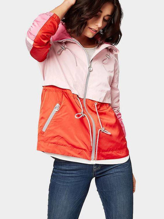 Tom Tailor Women's Short Sports Jacket Windproof for Spring or Autumn with Hood Pink