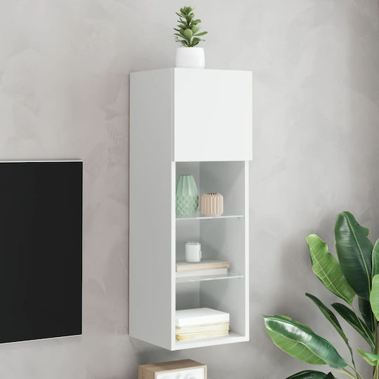 Vitrină Suspendată pentru Sufragerie din Placă Aglomerată, Albă, cu Geam și Iluminare LED 30.5x30x90cm
