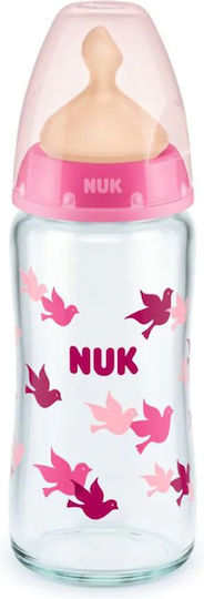 Nuk Γυάλινο Μπιμπερό First Choice+ Κατά των Κολικών με Θηλή Καουτσούκ για 0-6 μηνών Ροζ Πουλιά - Ροζ 240ml