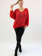 Brak Women's Long Sleeve Sweater with V Neckline Red