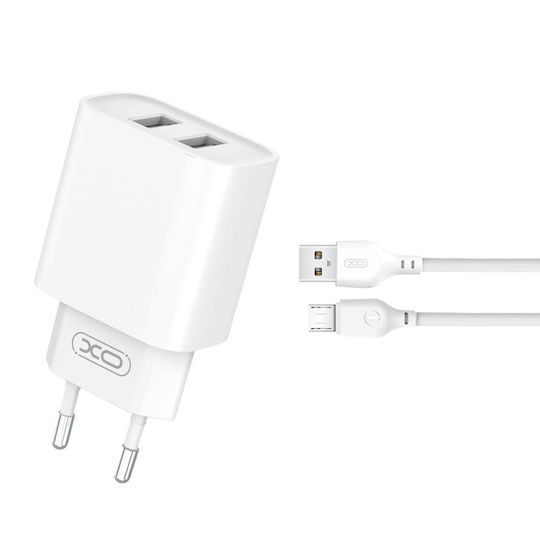 XO Φορτιστής με 2 Θύρες USB-A και Καλώδιο micro USB Λευκός (CE02C)