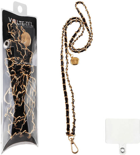 Volte-Tel Chain Neck Strap for Mobile Phones Black Leather-Gold Metal
