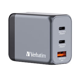 Verbatim Încărcător Fără Cablu GaN cu Port USB-A și 2 Porturi USB-C 65W Livrarea energiei / Încărcare rapidă 3.0 Gri (GNC-65)