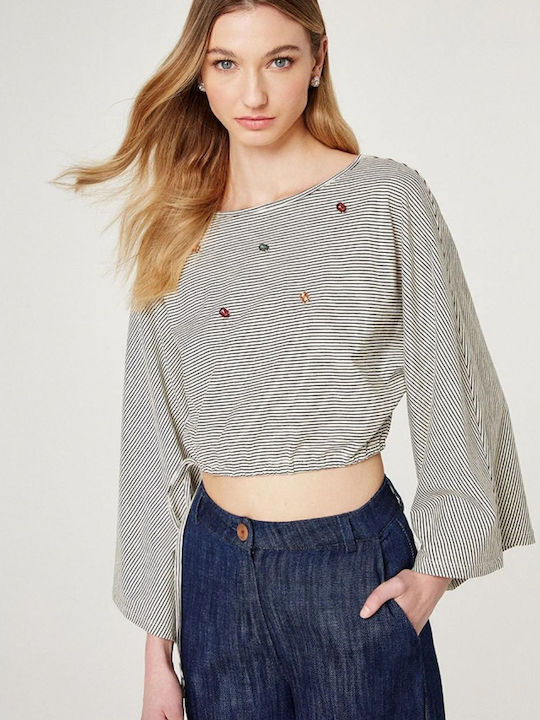 Γυναικείο Crop Top Βαμβακερό Μακρυμάνικο Ριγέ Μπεζ