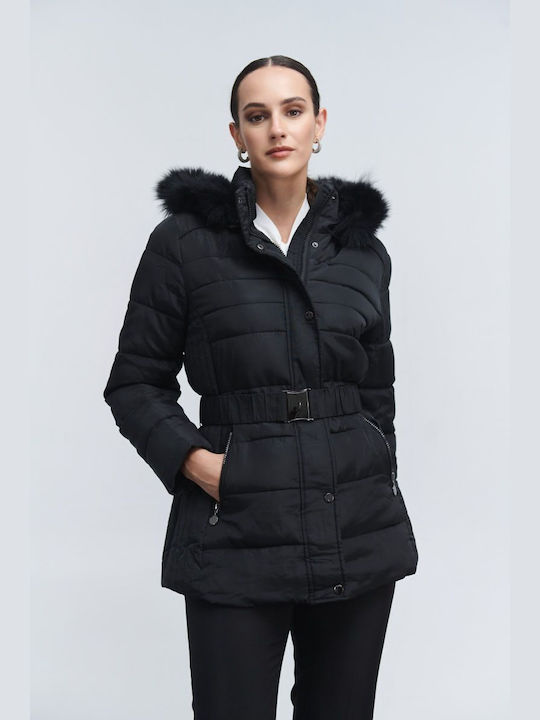 Fibes Women's Short Puffer Jacket for Winter with Hood BLACK