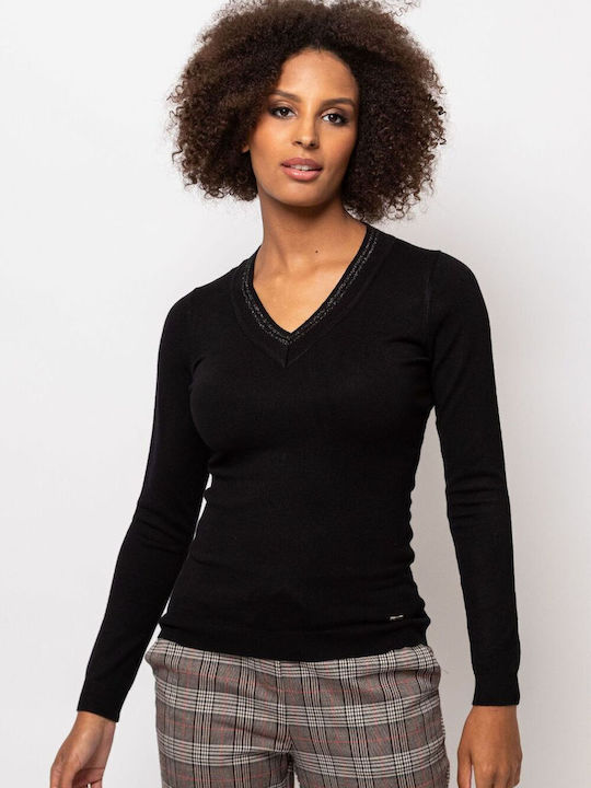 Heavy Tools Women's Long Sleeve Sweater with V Neckline Black