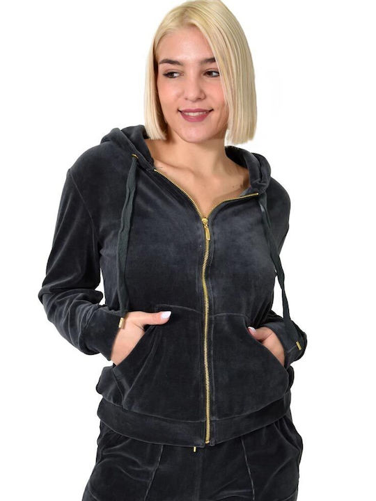 First Woman Women's Hooded Velvet Cardigan Charcoal.