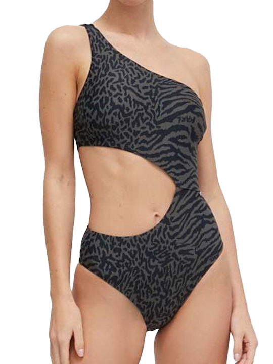 Karl Lagerfeld One-Piece Swimsuit with Cutouts & One Shoulder Gray