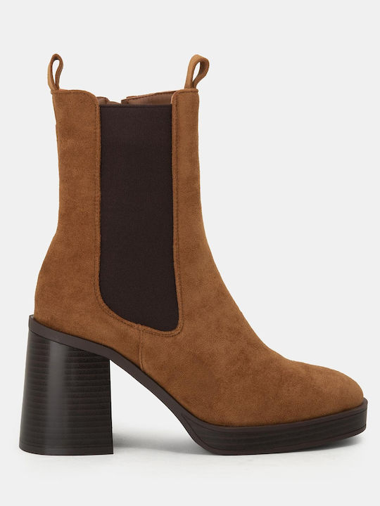 Suede Women's Chelsea Boots with High Heel Brown