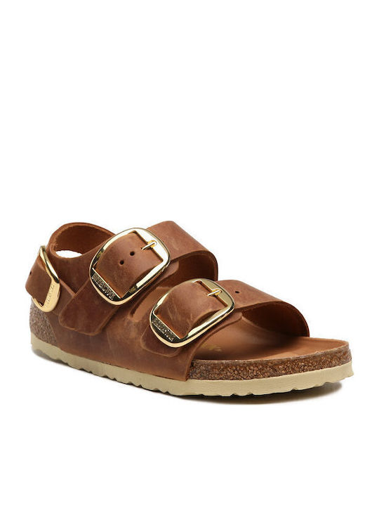 Milano Big Buckle Leather Women's Flat Sandals in Brown Color Narrow Fit