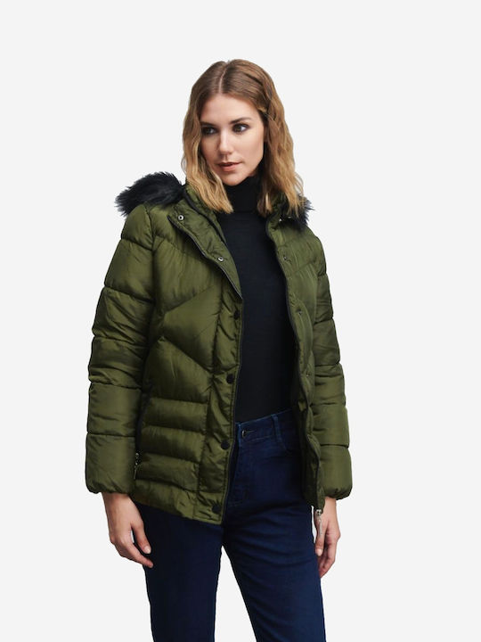 Fibes Women's Short Puffer Jacket for Winter with Detachable Hood HAKI