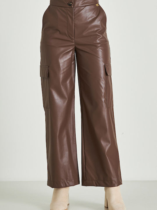 Cento Fashion Women's Leather Cargo Trousers coffee
