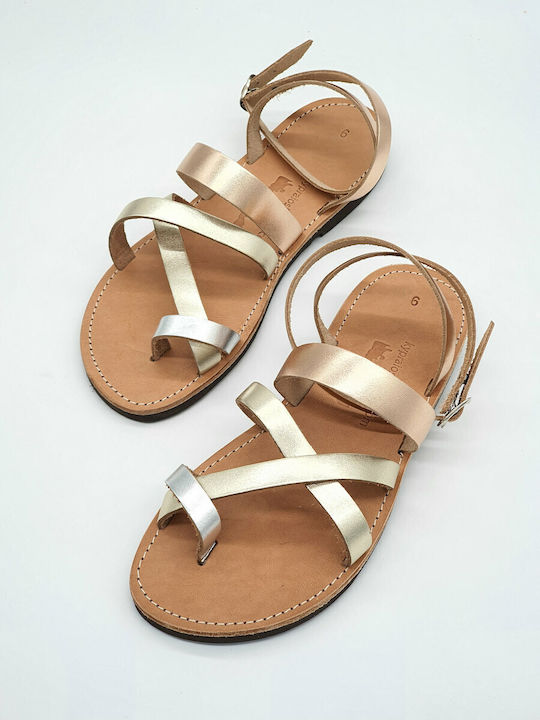 Kypraiosleather Leather Women's Flat Sandals with Strap Silver/Gold/Bronze