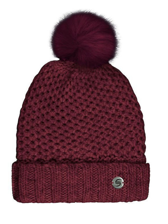 Pom Pom Beanie Γυναικείος Σκούφος Πλεκτός σε Μπορντό χρώμα