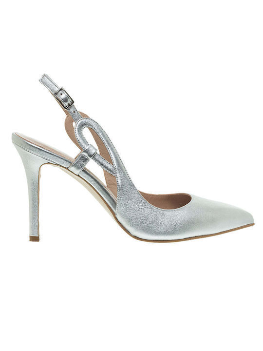 Mourtzi Leather Stiletto Silver High Heels with Strap
