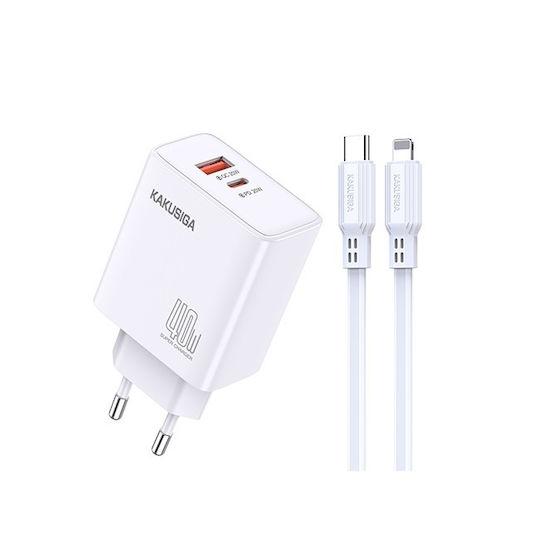 Kakusiga Φορτιστής με Θύρα USB-A και Θύρα USB-C και Καλώδιο USB-C - Lightning 40W Power Delivery Λευκός (KSC-937)