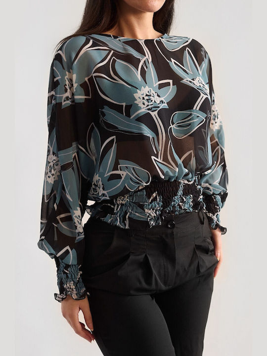 DOT Damen Bluse Langärmelig Blumen Schwarz