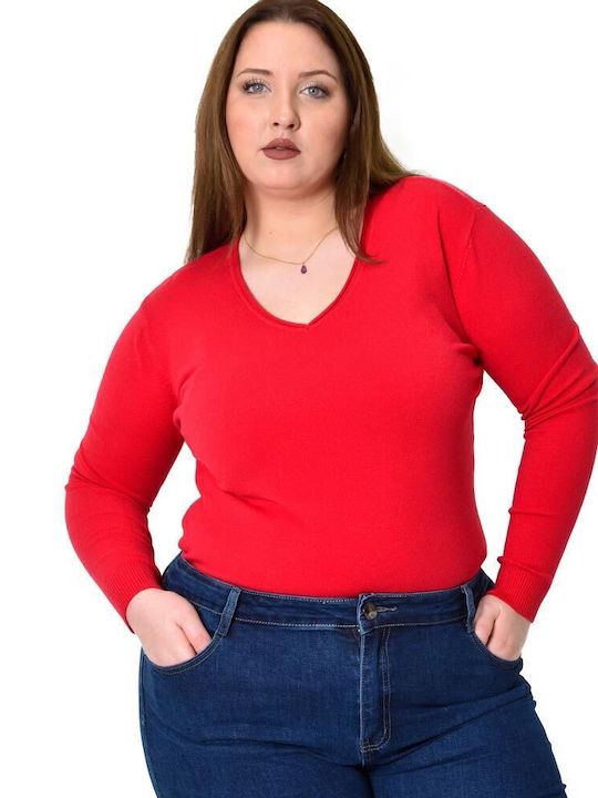 Potre Damen Langarm Pullover mit V-Ausschnitt Rot
