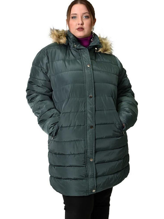 Women's Short Puffer Jacket for Winter with Hood Petrol Blue