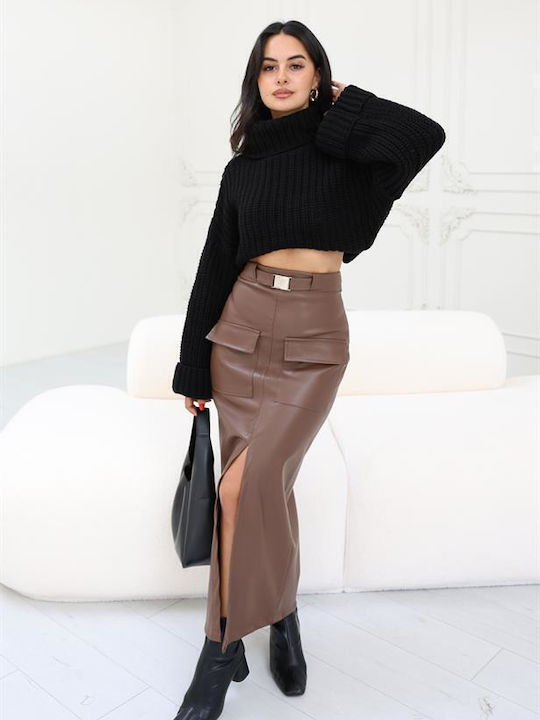 Reyon Leather Midi Skirt in Brown color