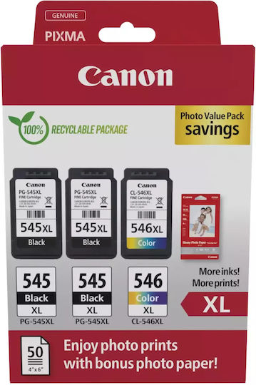 Canon PG-545 XL x2 / CL-546 XL Original Photo Value Pack with 3 InkJet Printer Inks Photo Black / Multiple (Color) (8286B015)
