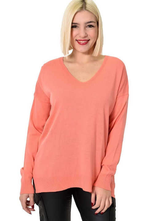 Potre Long-sleeved Women's Pullover Woolen with V Neckline Pink