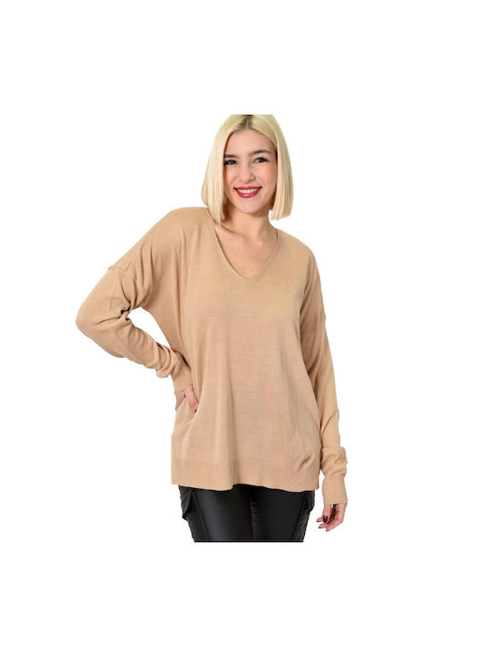Potre Women's Long Sleeve Pullover Wool with V Neck Beige