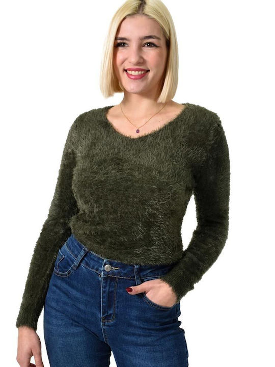 Potre Women's Long Sleeve Sweater Cotton with V Neckline Haki